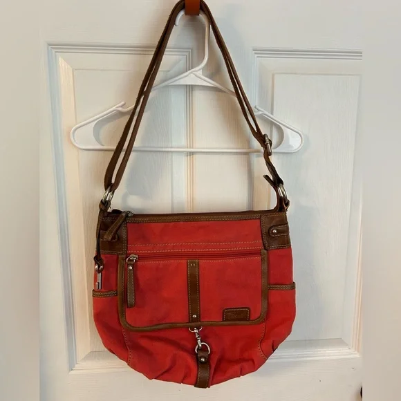 Fossil Red Canvas with Leather Accents Crossbody Purse Handbag Adjustable Strap - Picture 14 of 15
